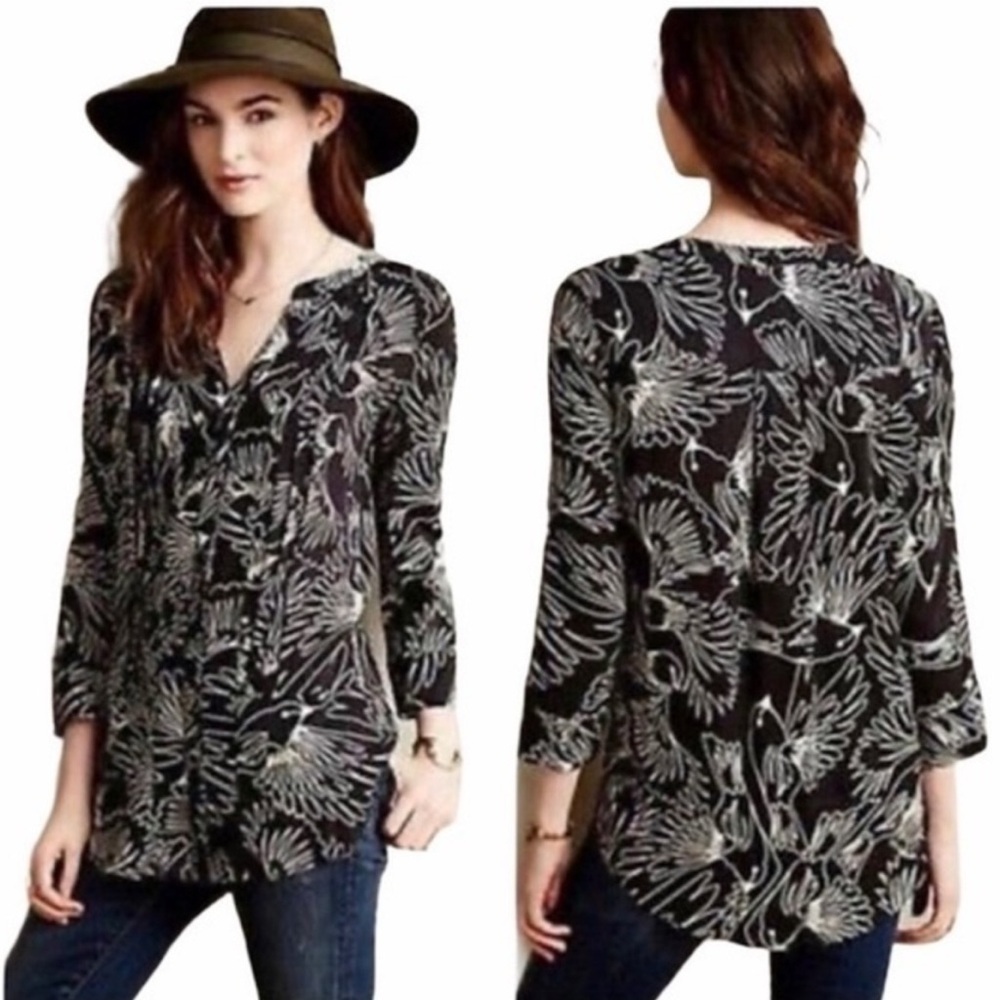 Anthropologie Maeve Black and White Wild Birds Blouse